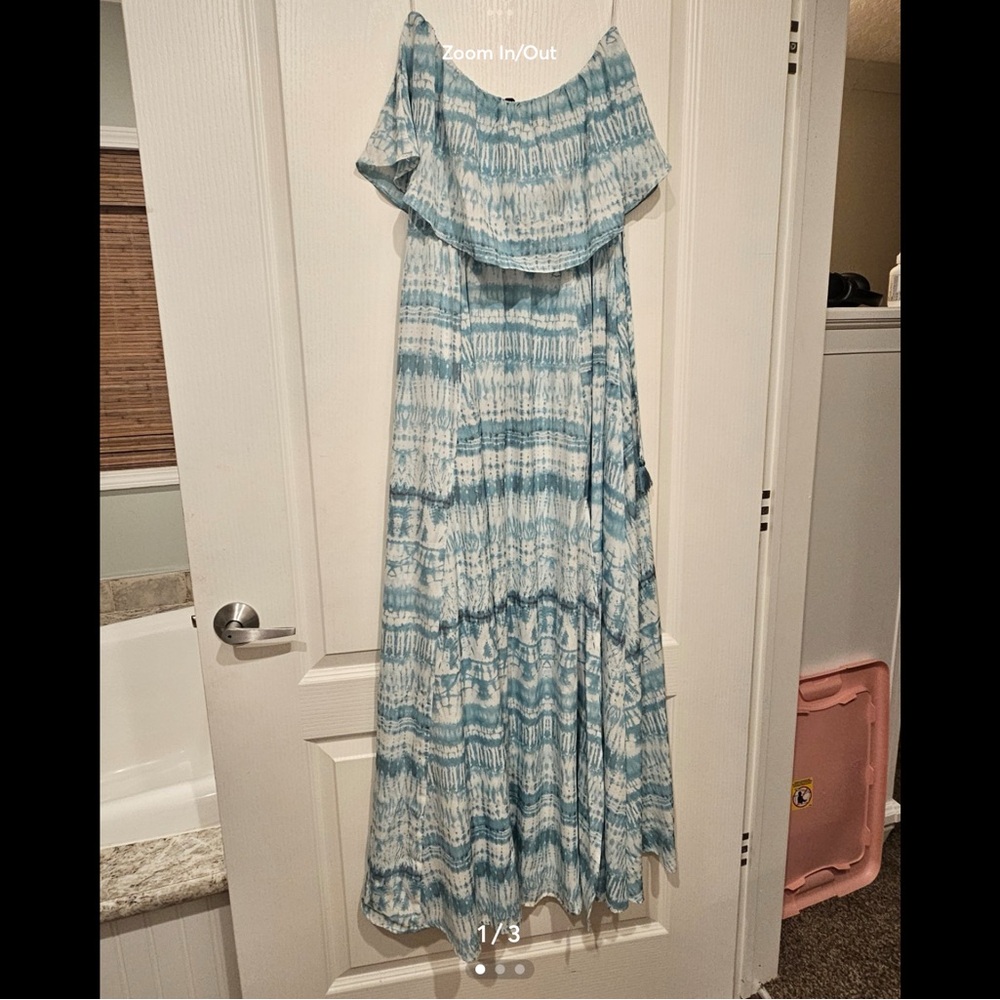 Blue Tie-Dye Off-Shoulder Maxi Dress, Like New, Size Large/Very Silky